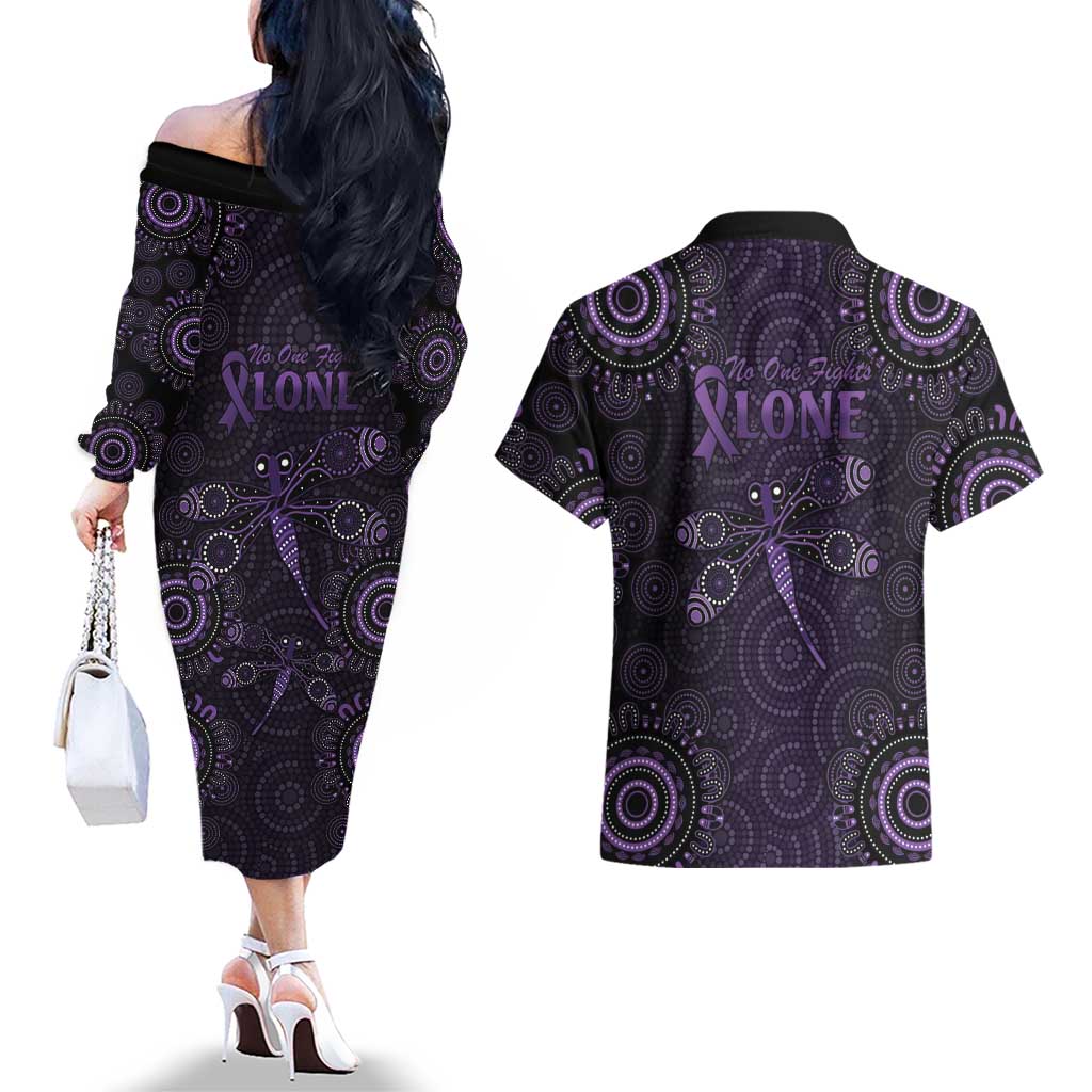 Purple Dragonfly Aboriginal of Hope Couples Matching Off The Shoulder Long Sleeve Dress and Hawaiian Shirt Australian Epilepsy Awareness - Aussie Hoodie