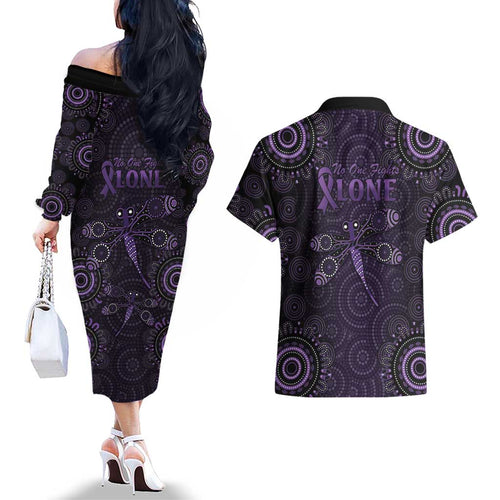 Purple Dragonfly Aboriginal of Hope Couples Matching Off The Shoulder Long Sleeve Dress and Hawaiian Shirt Australian Epilepsy Awareness - Aussie Hoodie