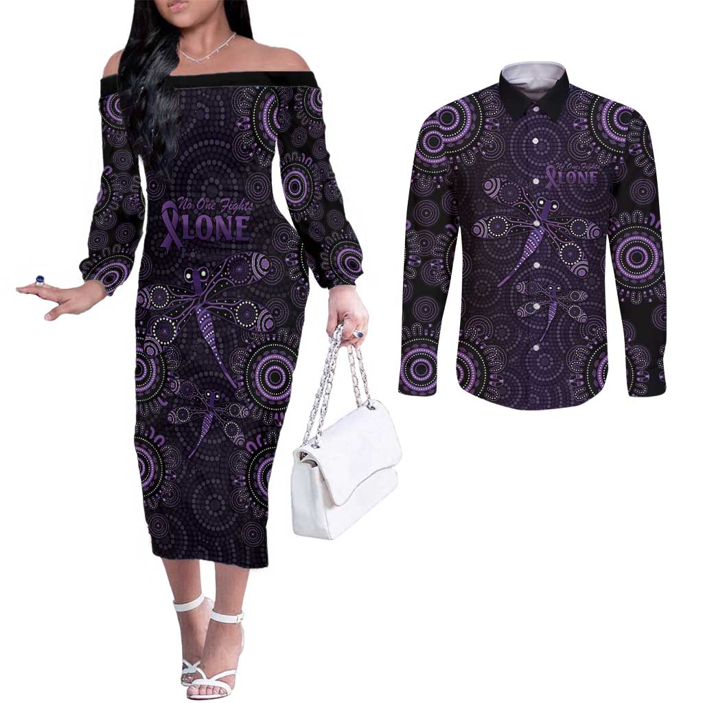 Purple Dragonfly Aboriginal of Hope Couples Matching Off The Shoulder Long Sleeve Dress and Long Sleeve Button Shirt Australian Epilepsy Awareness - Aussie Hoodie