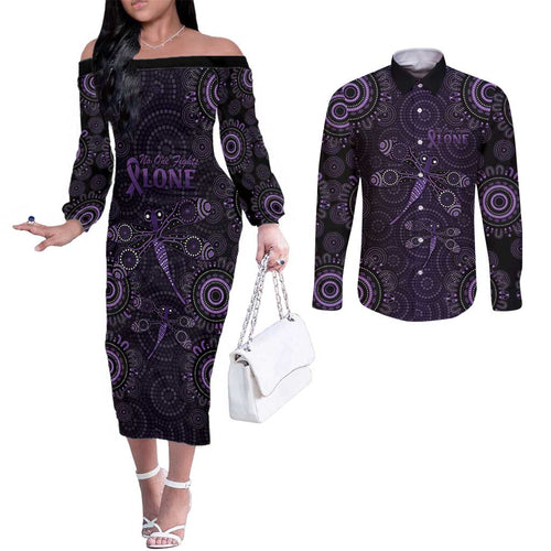 Purple Dragonfly Aboriginal of Hope Couples Matching Off The Shoulder Long Sleeve Dress and Long Sleeve Button Shirt Australian Epilepsy Awareness - Aussie Hoodie