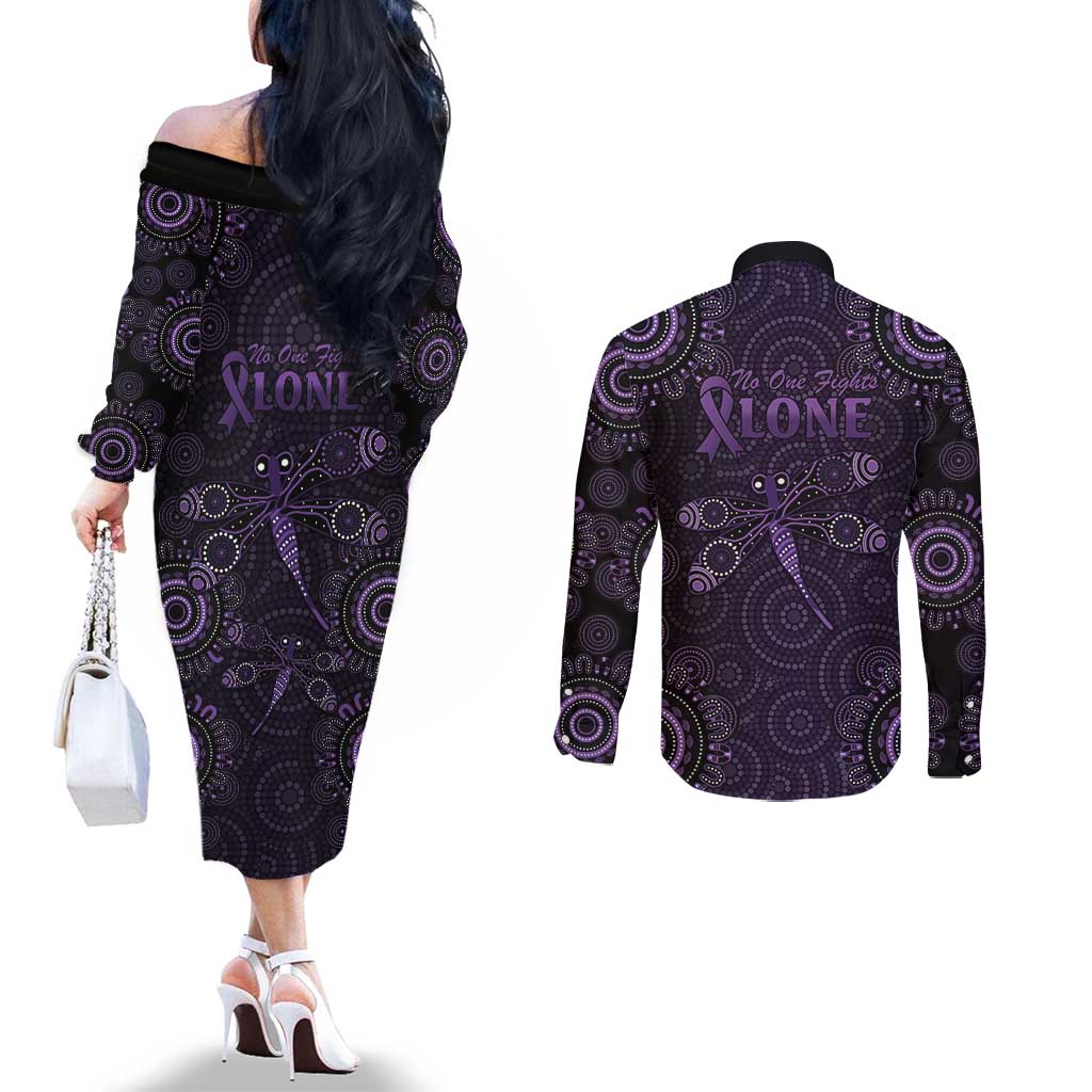 Purple Dragonfly Aboriginal of Hope Couples Matching Off The Shoulder Long Sleeve Dress and Long Sleeve Button Shirt Australian Epilepsy Awareness - Aussie Hoodie