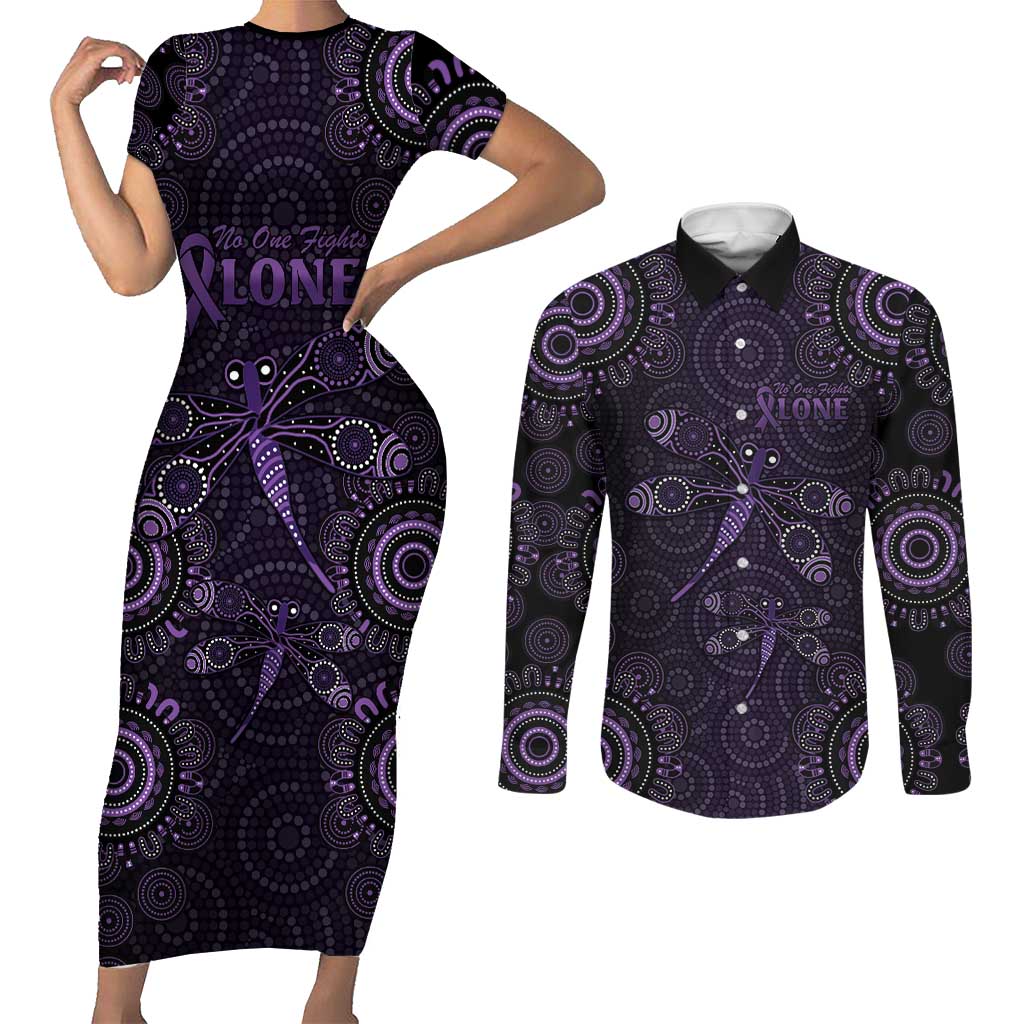 Purple Dragonfly Aboriginal of Hope Couples Matching Short Sleeve Bodycon Dress and Long Sleeve Button Shirt Australian Epilepsy Awareness - Aussie Hoodie