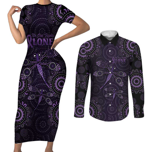 Purple Dragonfly Aboriginal of Hope Couples Matching Short Sleeve Bodycon Dress and Long Sleeve Button Shirt Australian Epilepsy Awareness - Aussie Hoodie