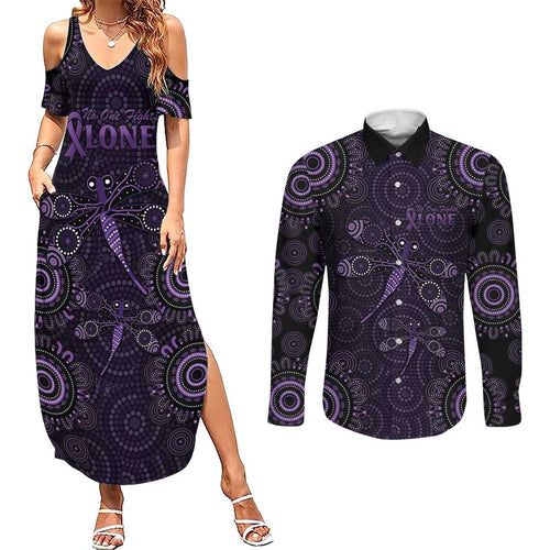 Purple Dragonfly Aboriginal of Hope Couples Matching Summer Maxi Dress and Long Sleeve Button Shirt Australian Epilepsy Awareness - Aussie Hoodie