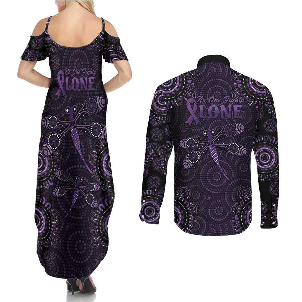 Purple Dragonfly Aboriginal of Hope Couples Matching Summer Maxi Dress and Long Sleeve Button Shirt Australian Epilepsy Awareness - Aussie Hoodie