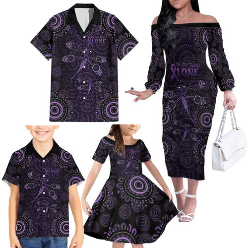 Purple Dragonfly Aboriginal of Hope Family Matching Off The Shoulder Long Sleeve Dress and Hawaiian Shirt Australian Epilepsy Awareness - Aussie Hoodie