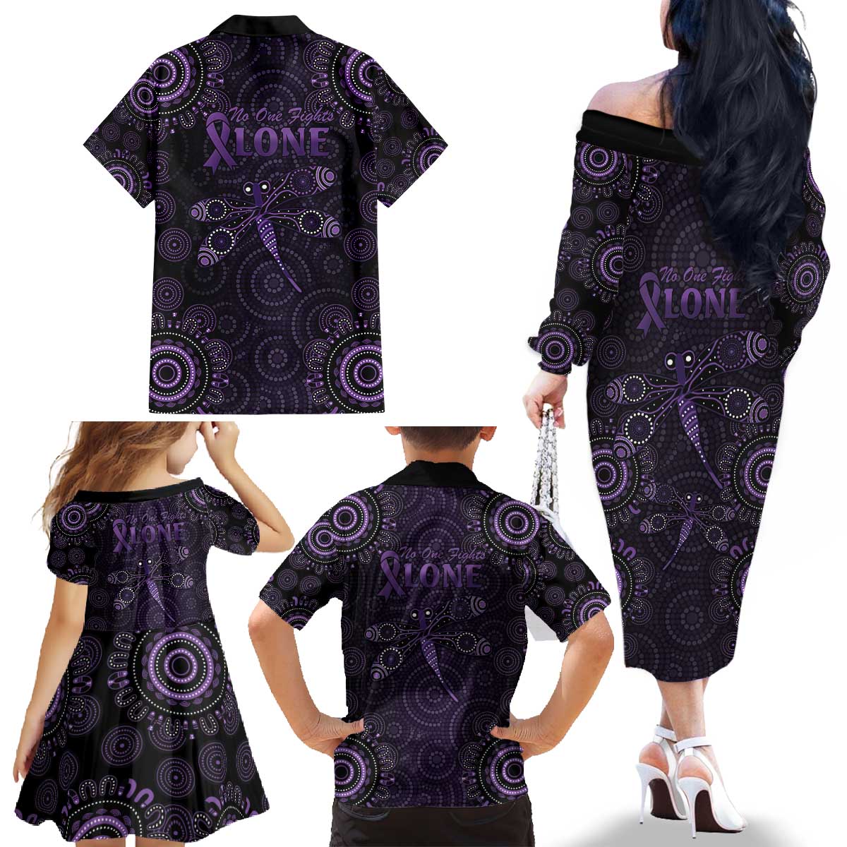 Purple Dragonfly Aboriginal of Hope Family Matching Off The Shoulder Long Sleeve Dress and Hawaiian Shirt Australian Epilepsy Awareness - Aussie Hoodie