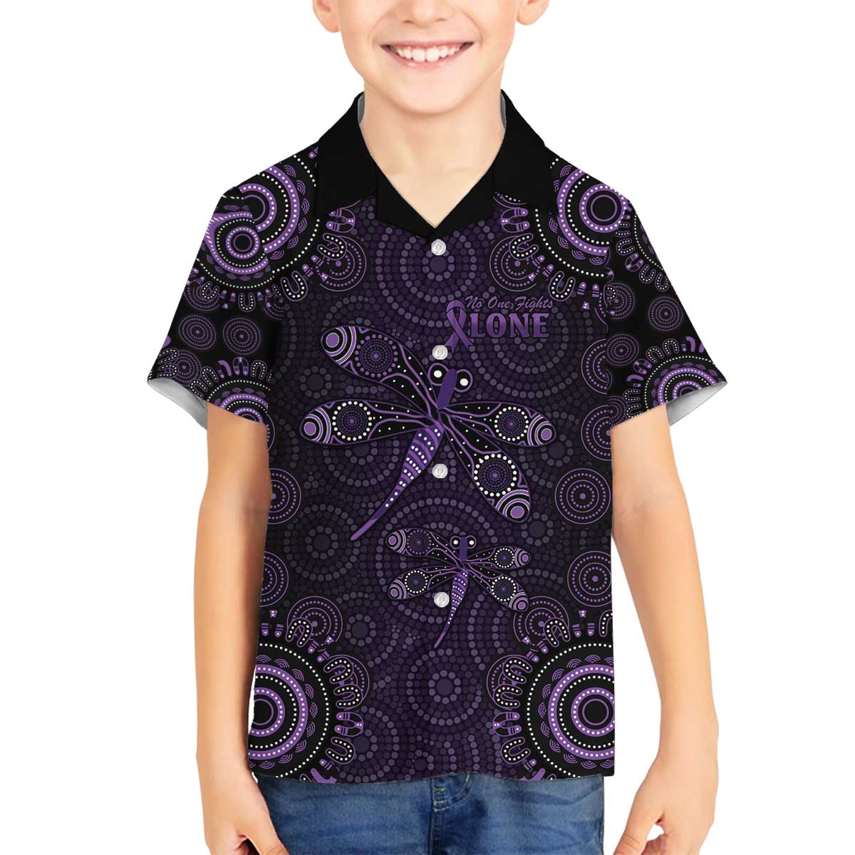 Purple Dragonfly Aboriginal of Hope Family Matching Off The Shoulder Long Sleeve Dress and Hawaiian Shirt Australian Epilepsy Awareness - Aussie Hoodie