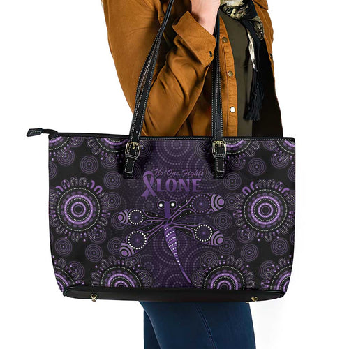 Purple Dragonfly Aboriginal of Hope Leather Tote Bag Australian Epilepsy Awareness - Aussie Hoodie