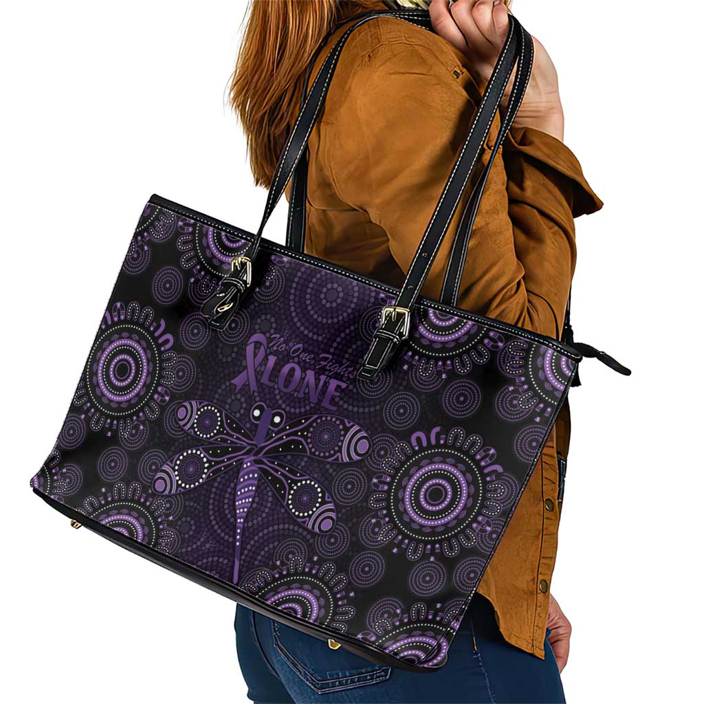 Purple Dragonfly Aboriginal of Hope Leather Tote Bag Australian Epilepsy Awareness - Aussie Hoodie