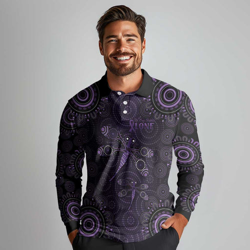 Purple Dragonfly Aboriginal of Hope Long Sleeve Polo Shirt Australian Epilepsy Awareness - Aussie Hoodie