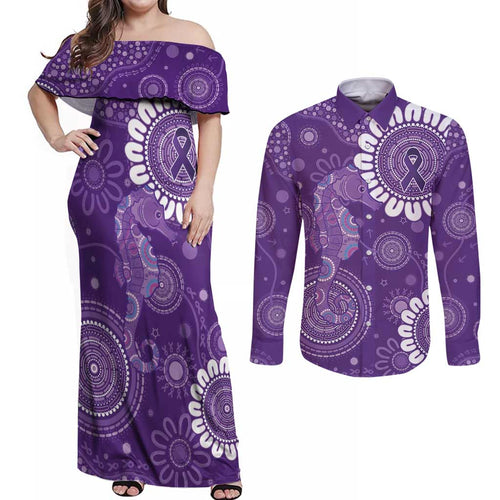 Sea Horse Australia Epilepsy Awareness Couples Matching Off Shoulder Maxi Dress and Long Sleeve Button Shirt - Aussie Hoodie