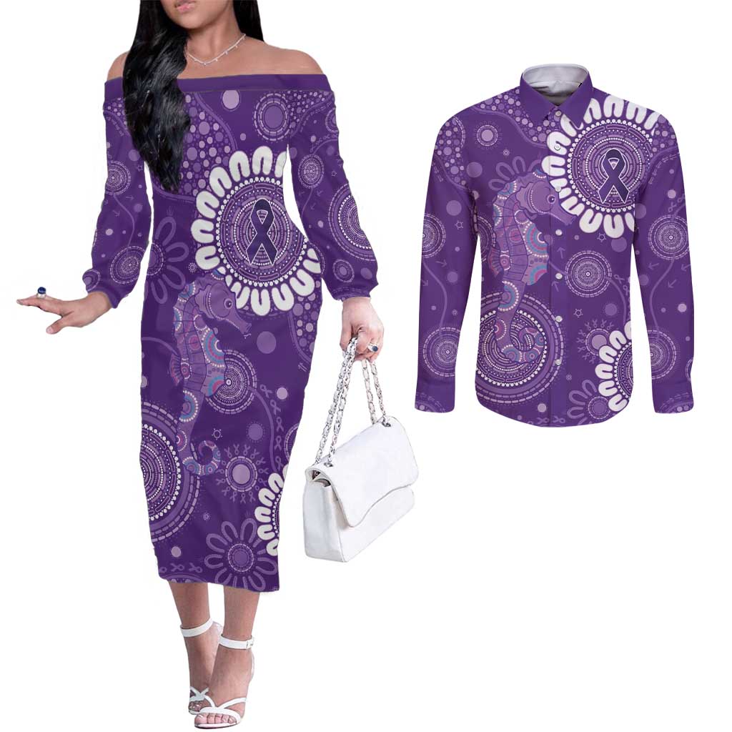 Sea Horse Australia Epilepsy Awareness Couples Matching Off The Shoulder Long Sleeve Dress and Long Sleeve Button Shirt - Aussie Hoodie
