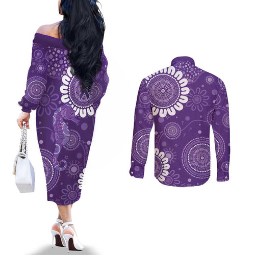 Sea Horse Australia Epilepsy Awareness Couples Matching Off The Shoulder Long Sleeve Dress and Long Sleeve Button Shirt - Aussie Hoodie