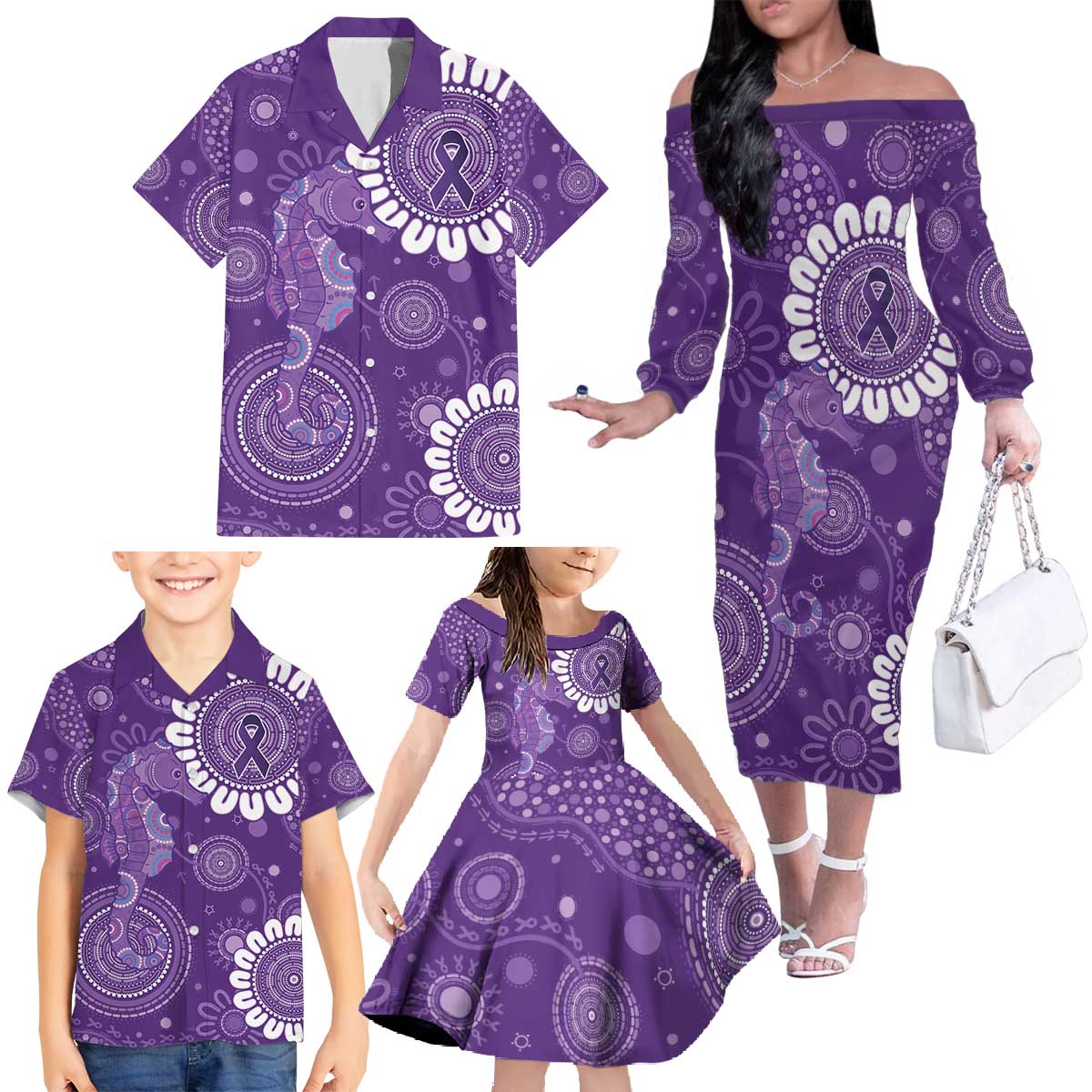 Sea Horse Australia Epilepsy Awareness Family Matching Off The Shoulder Long Sleeve Dress and Hawaiian Shirt - Aussie Hoodie