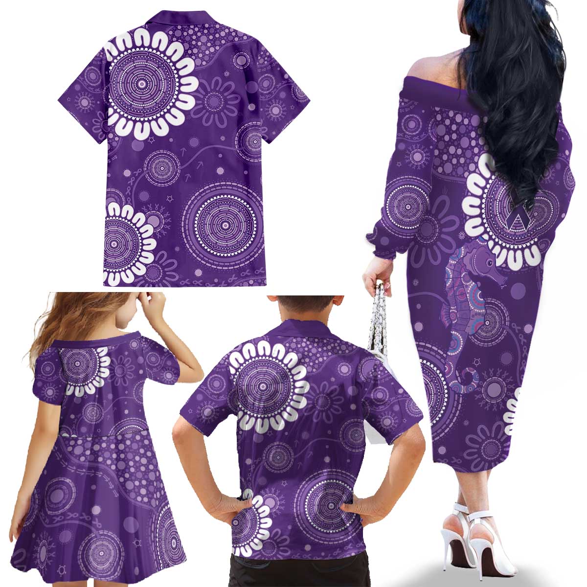 Sea Horse Australia Epilepsy Awareness Family Matching Off The Shoulder Long Sleeve Dress and Hawaiian Shirt - Aussie Hoodie