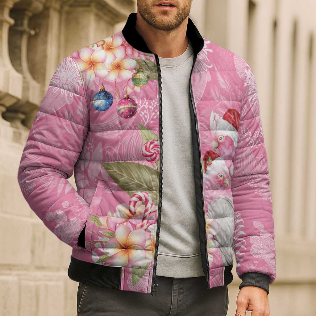 Joyful Pink Cockatoo Bomber Puffer Jacket Australia Christmas Vibes - Aussie Hoodie