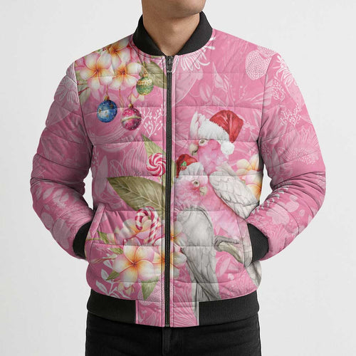 Joyful Pink Cockatoo Bomber Puffer Jacket Australia Christmas Vibes - Aussie Hoodie