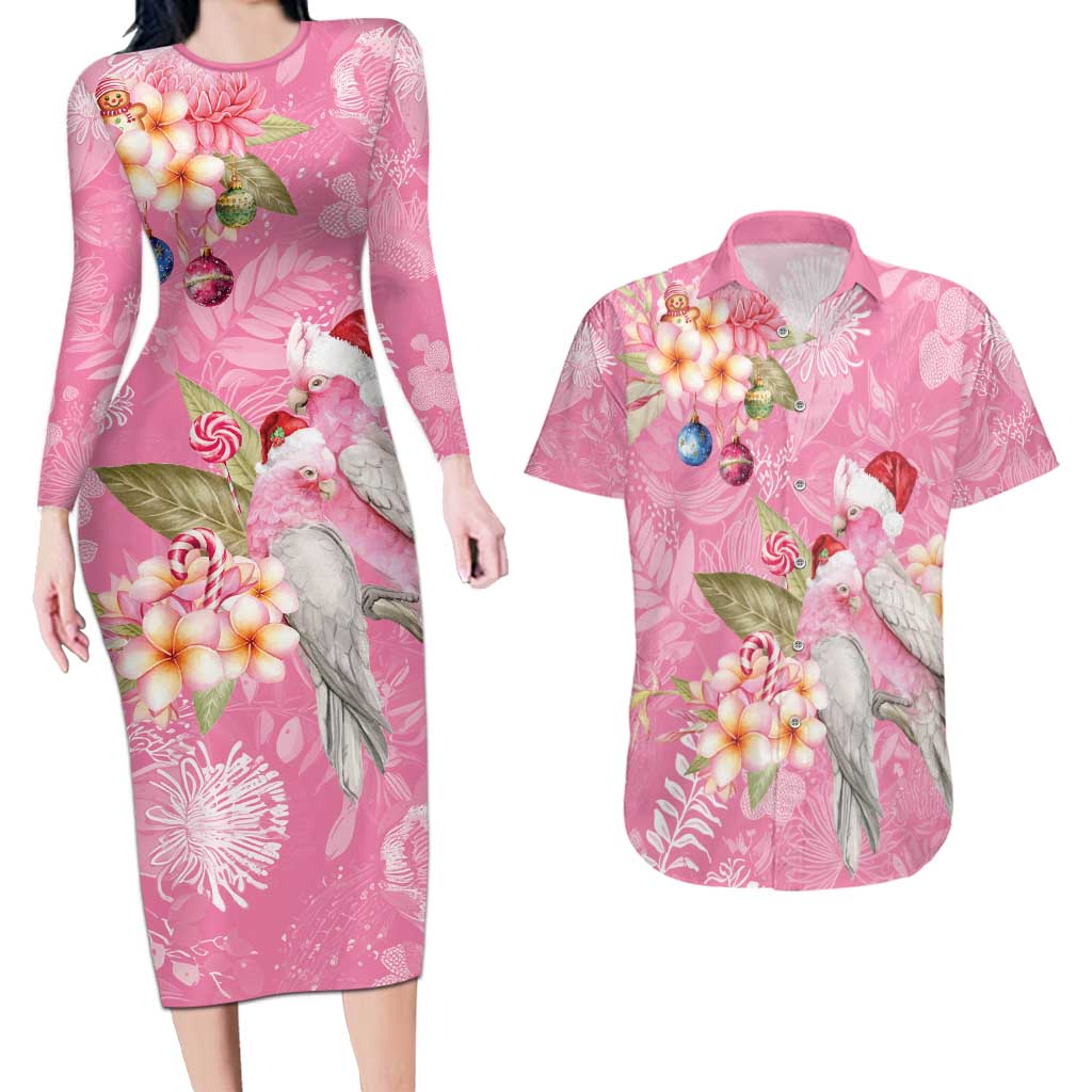 Joyful Pink Cockatoo Couples Matching Long Sleeve Bodycon Dress and Hawaiian Shirt Australia Christmas Vibes - Aussie Hoodie