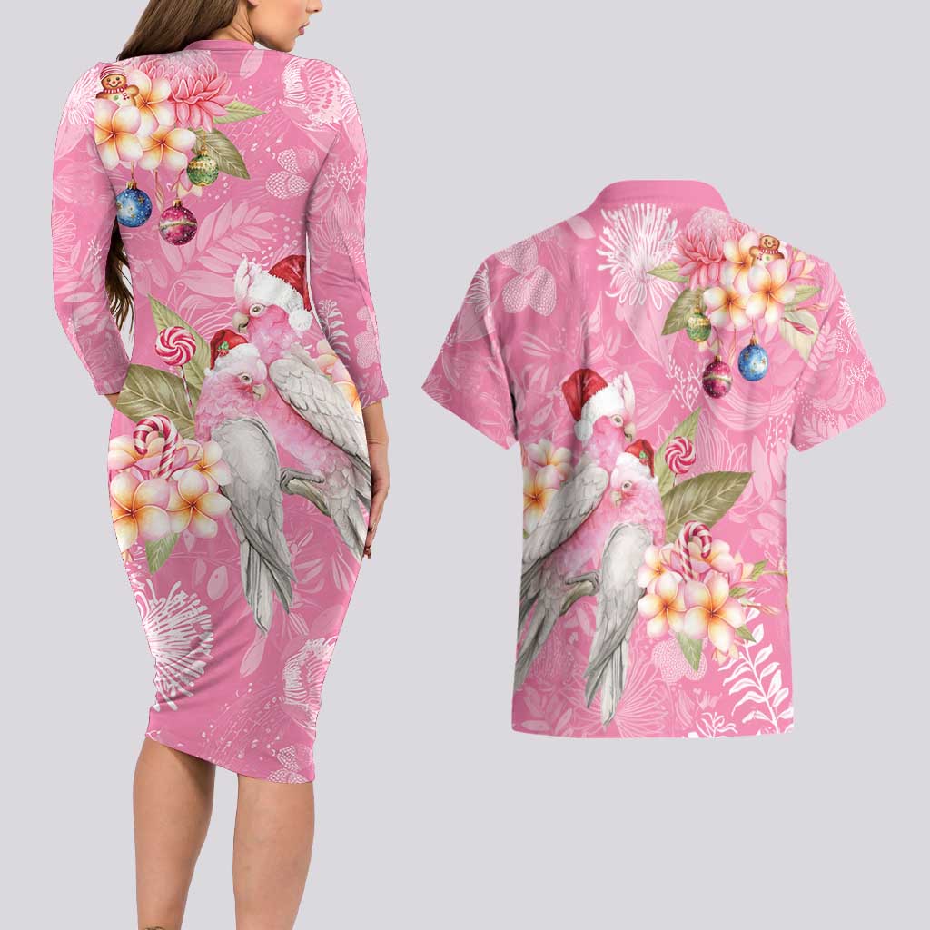 Joyful Pink Cockatoo Couples Matching Long Sleeve Bodycon Dress and Hawaiian Shirt Australia Christmas Vibes - Aussie Hoodie