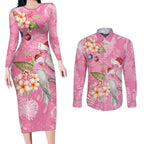 Joyful Pink Cockatoo Couples Matching Long Sleeve Bodycon Dress and Long Sleeve Button Shirt Australia Christmas Vibes - Aussie Hoodie