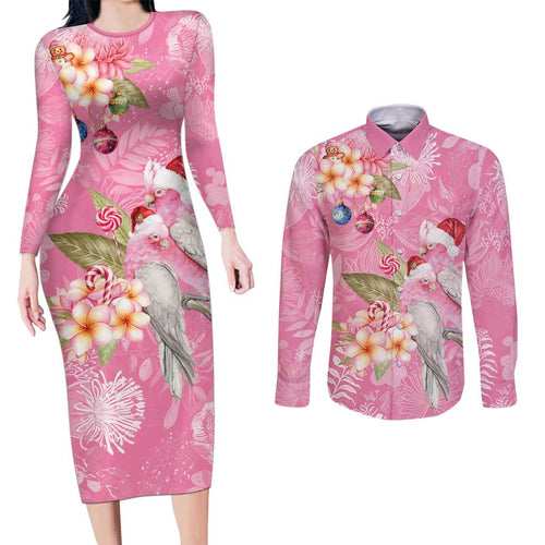 Joyful Pink Cockatoo Couples Matching Long Sleeve Bodycon Dress and Long Sleeve Button Shirt Australia Christmas Vibes - Aussie Hoodie