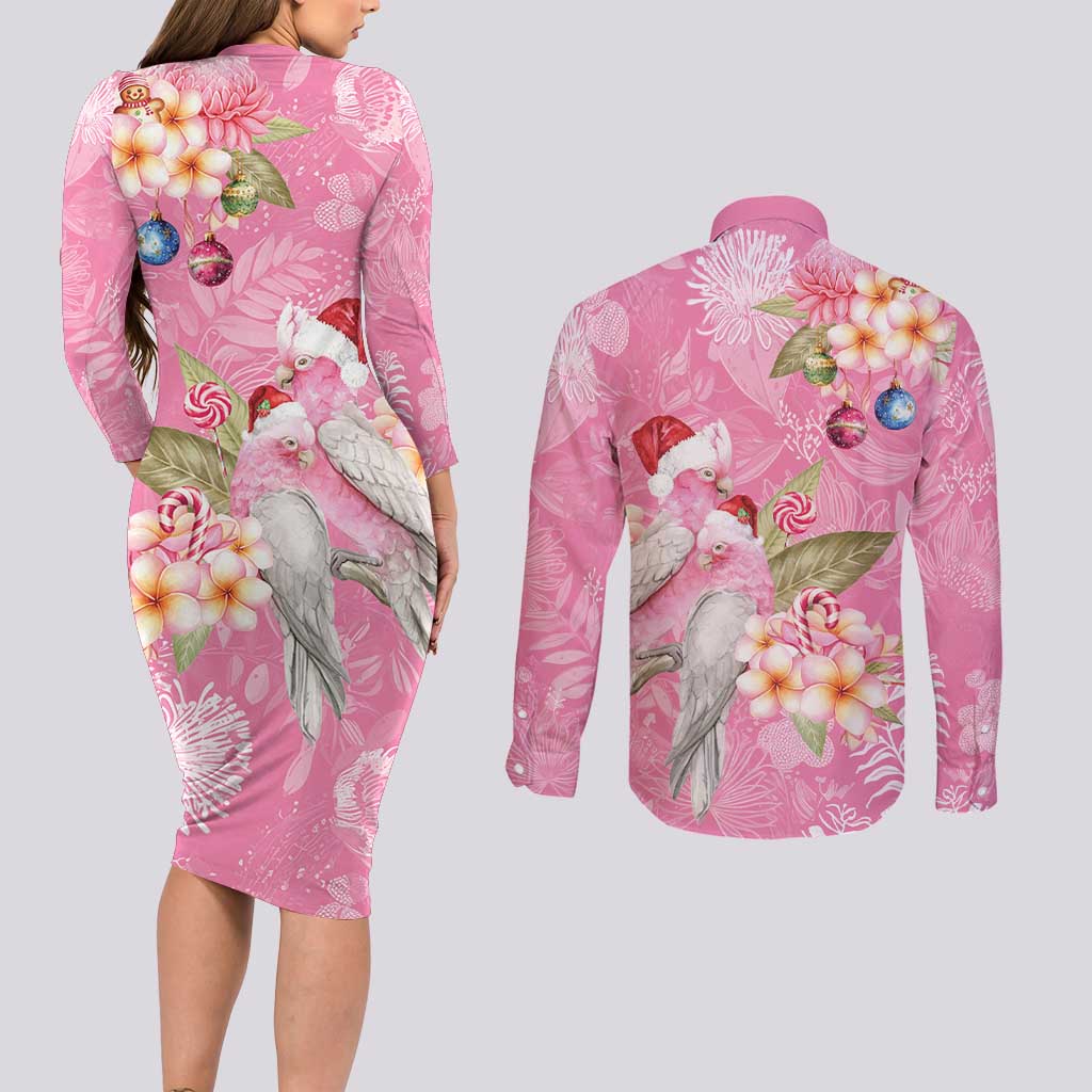 Joyful Pink Cockatoo Couples Matching Long Sleeve Bodycon Dress and Long Sleeve Button Shirt Australia Christmas Vibes - Aussie Hoodie
