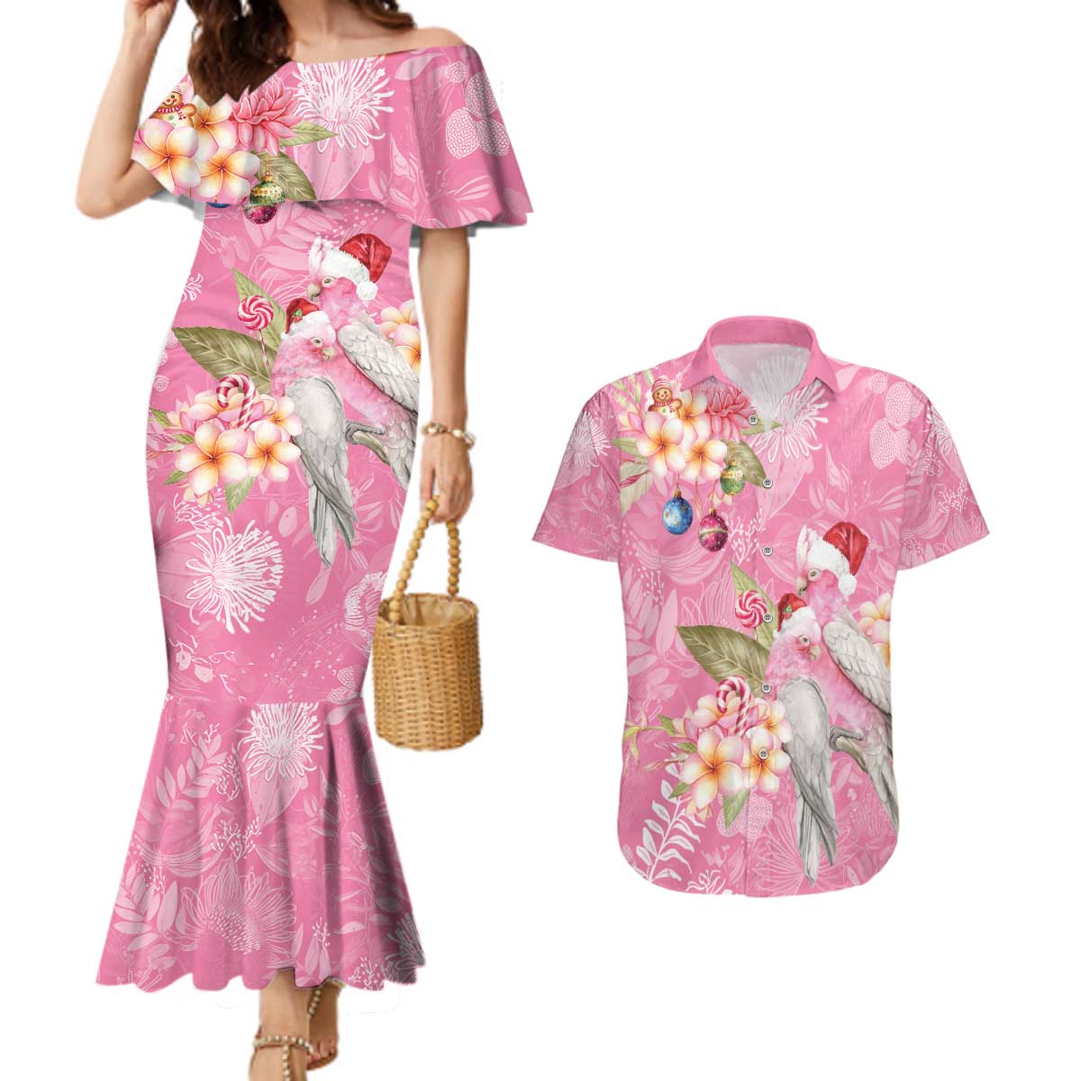 Joyful Pink Cockatoo Couples Matching Mermaid Dress and Hawaiian Shirt Australia Christmas Vibes - Aussie Hoodie