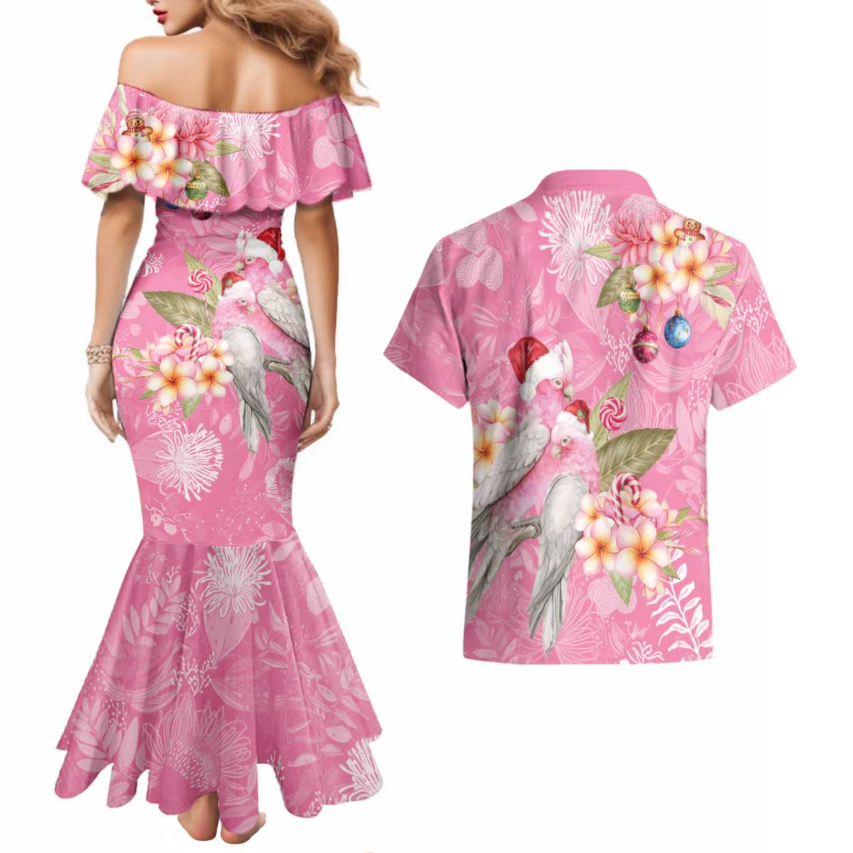 Joyful Pink Cockatoo Couples Matching Mermaid Dress and Hawaiian Shirt Australia Christmas Vibes - Aussie Hoodie