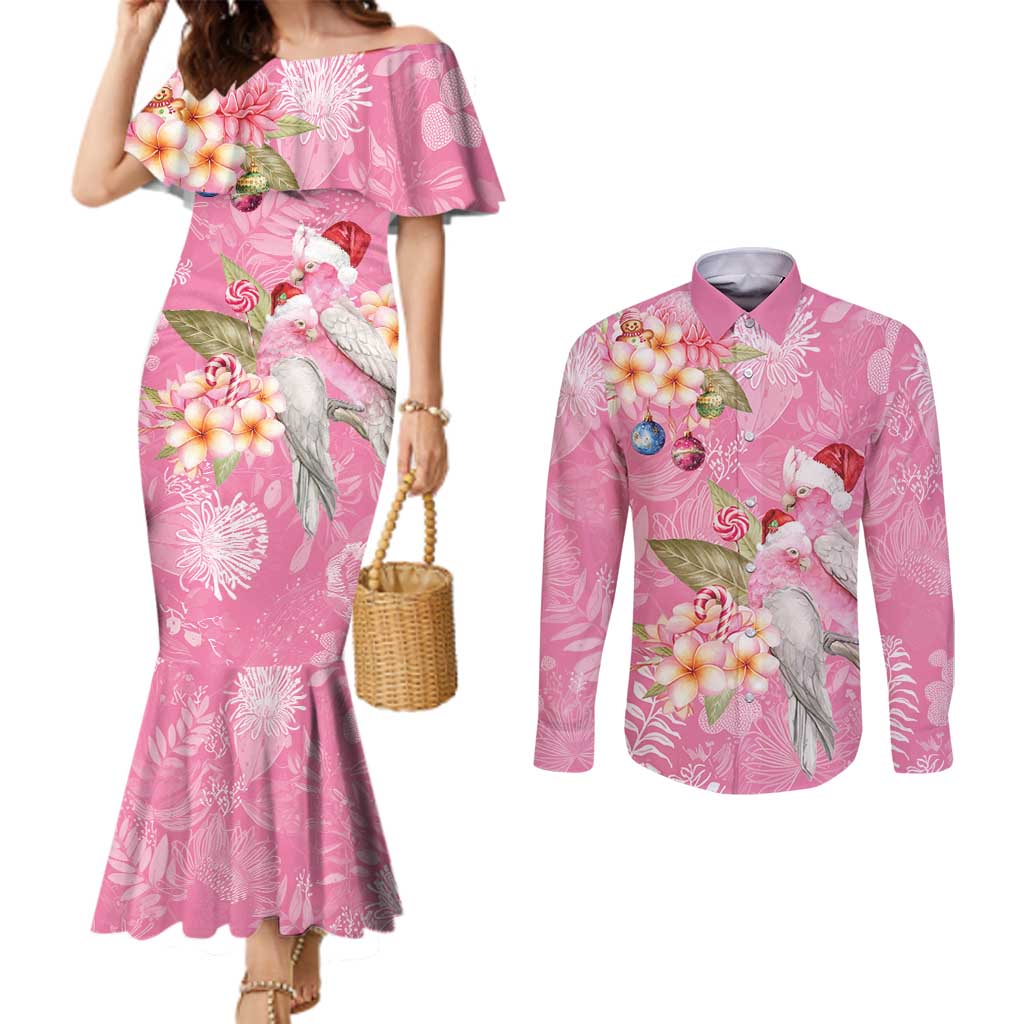 Joyful Pink Cockatoo Couples Matching Mermaid Dress and Long Sleeve Button Shirt Australia Christmas Vibes - Aussie Hoodie