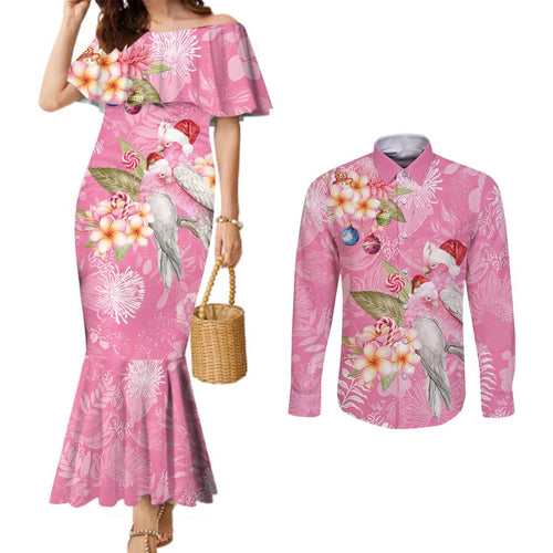 Joyful Pink Cockatoo Couples Matching Mermaid Dress and Long Sleeve Button Shirt Australia Christmas Vibes - Aussie Hoodie