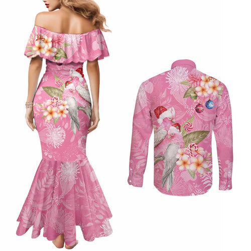 Joyful Pink Cockatoo Couples Matching Mermaid Dress and Long Sleeve Button Shirt Australia Christmas Vibes - Aussie Hoodie