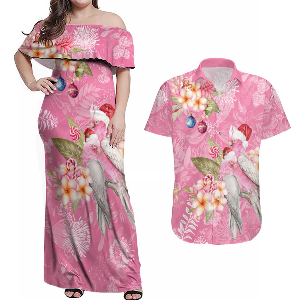 Joyful Pink Cockatoo Couples Matching Off Shoulder Maxi Dress and Hawaiian Shirt Australia Christmas Vibes - Aussie Hoodie