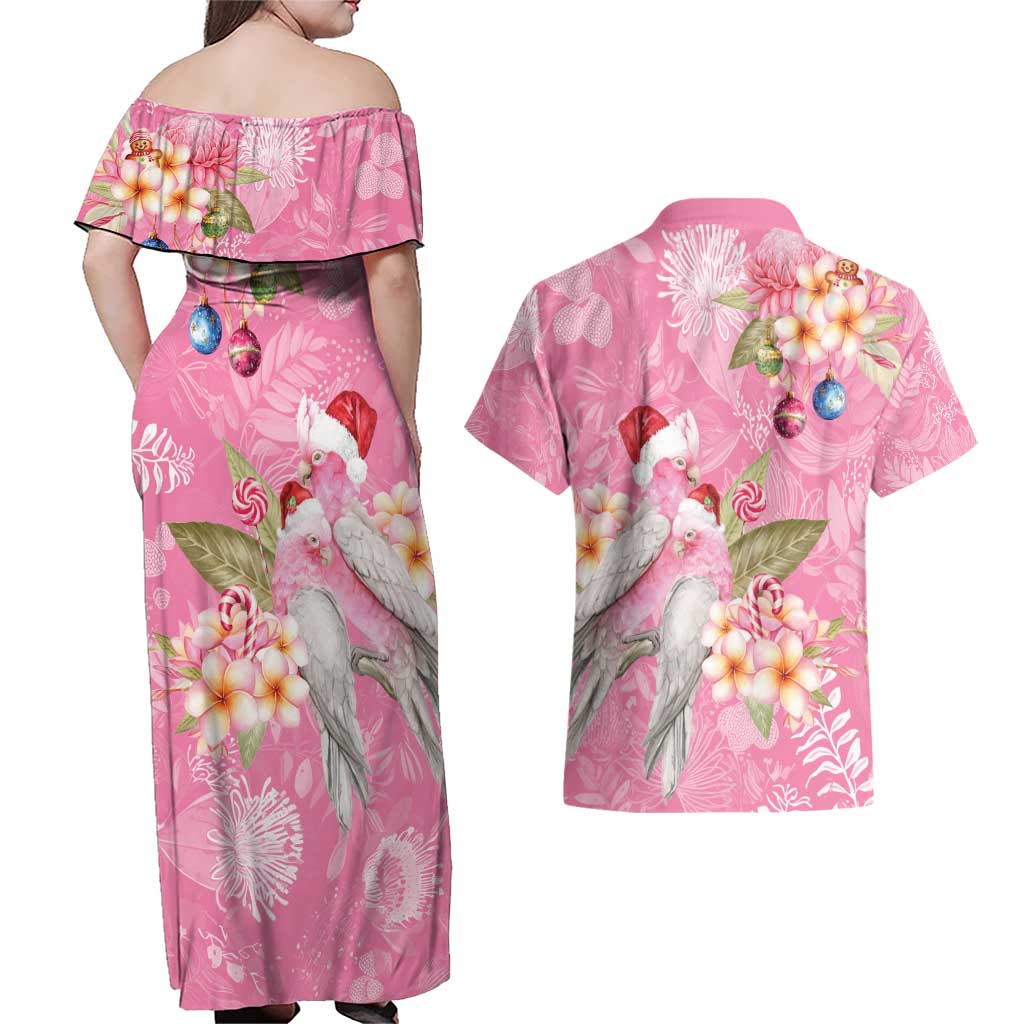 Joyful Pink Cockatoo Couples Matching Off Shoulder Maxi Dress and Hawaiian Shirt Australia Christmas Vibes - Aussie Hoodie