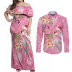 Joyful Pink Cockatoo Couples Matching Off Shoulder Maxi Dress and Long Sleeve Button Shirt Australia Christmas Vibes - Aussie Hoodie