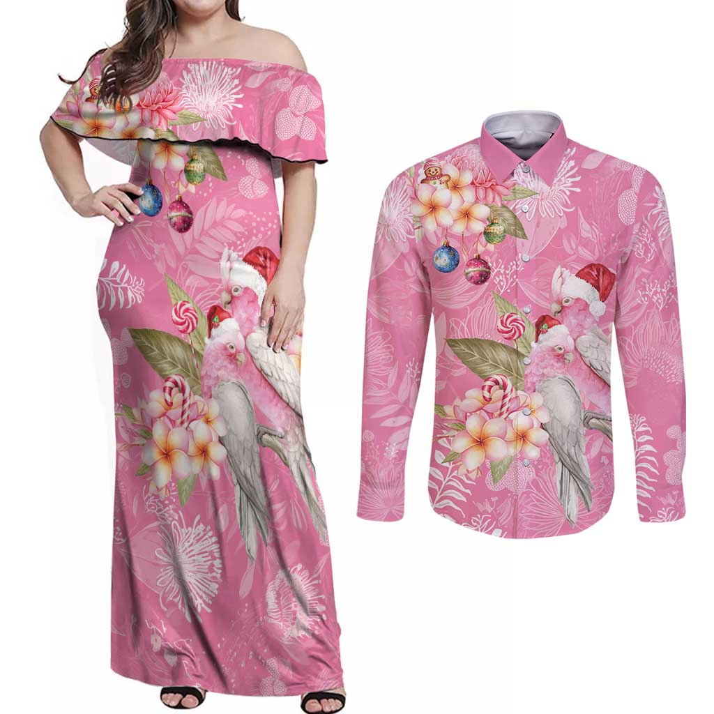 Joyful Pink Cockatoo Couples Matching Off Shoulder Maxi Dress and Long Sleeve Button Shirt Australia Christmas Vibes - Aussie Hoodie