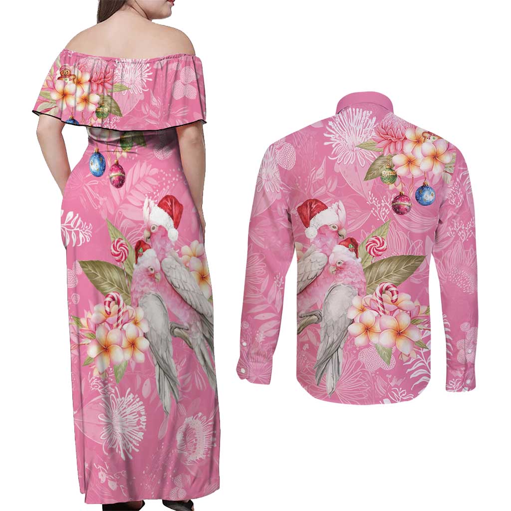 Joyful Pink Cockatoo Couples Matching Off Shoulder Maxi Dress and Long Sleeve Button Shirt Australia Christmas Vibes - Aussie Hoodie