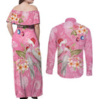 Joyful Pink Cockatoo Couples Matching Off Shoulder Maxi Dress and Long Sleeve Button Shirt Australia Christmas Vibes - Aussie Hoodie