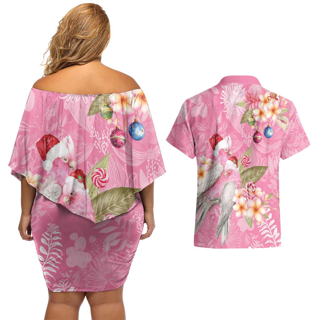 Joyful Pink Cockatoo Couples Matching Off Shoulder Short Dress and Hawaiian Shirt Australia Christmas Vibes - Aussie Hoodie