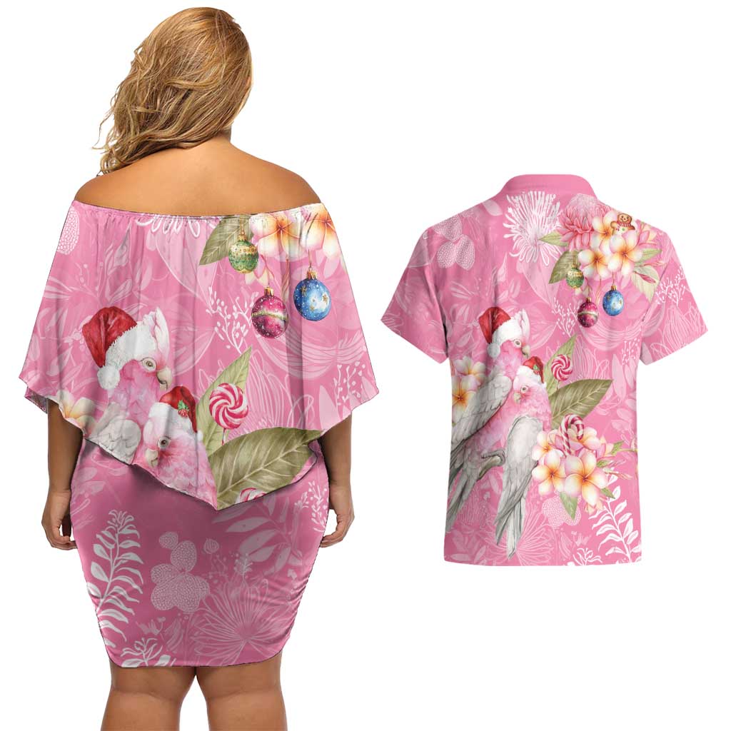 Joyful Pink Cockatoo Couples Matching Off Shoulder Short Dress and Hawaiian Shirt Australia Christmas Vibes - Aussie Hoodie