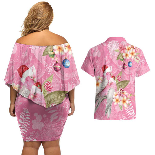 Joyful Pink Cockatoo Couples Matching Off Shoulder Short Dress and Hawaiian Shirt Australia Christmas Vibes - Aussie Hoodie
