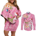 Joyful Pink Cockatoo Couples Matching Off Shoulder Short Dress and Long Sleeve Button Shirt Australia Christmas Vibes - Aussie Hoodie