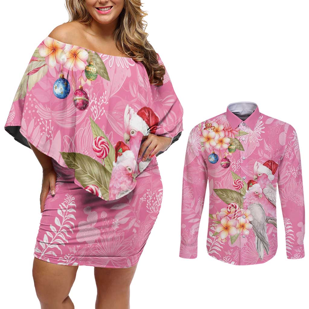 Joyful Pink Cockatoo Couples Matching Off Shoulder Short Dress and Long Sleeve Button Shirt Australia Christmas Vibes - Aussie Hoodie