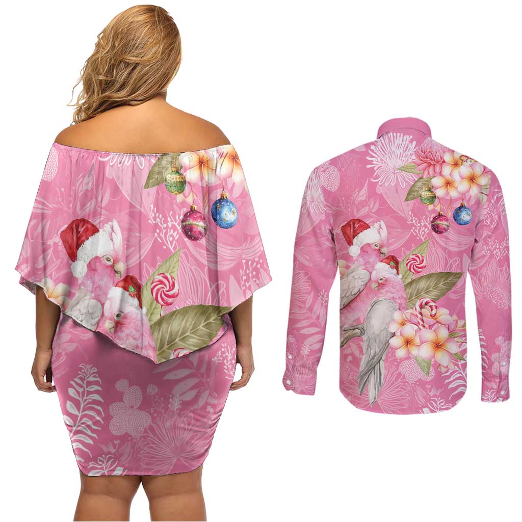Joyful Pink Cockatoo Couples Matching Off Shoulder Short Dress and Long Sleeve Button Shirt Australia Christmas Vibes - Aussie Hoodie