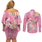 Joyful Pink Cockatoo Couples Matching Off Shoulder Short Dress and Long Sleeve Button Shirt Australia Christmas Vibes - Aussie Hoodie