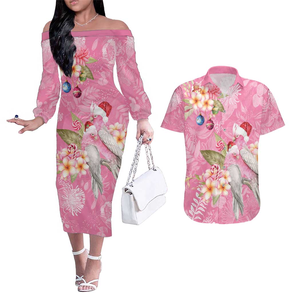 Joyful Pink Cockatoo Couples Matching Off The Shoulder Long Sleeve Dress and Hawaiian Shirt Australia Christmas Vibes - Aussie Hoodie