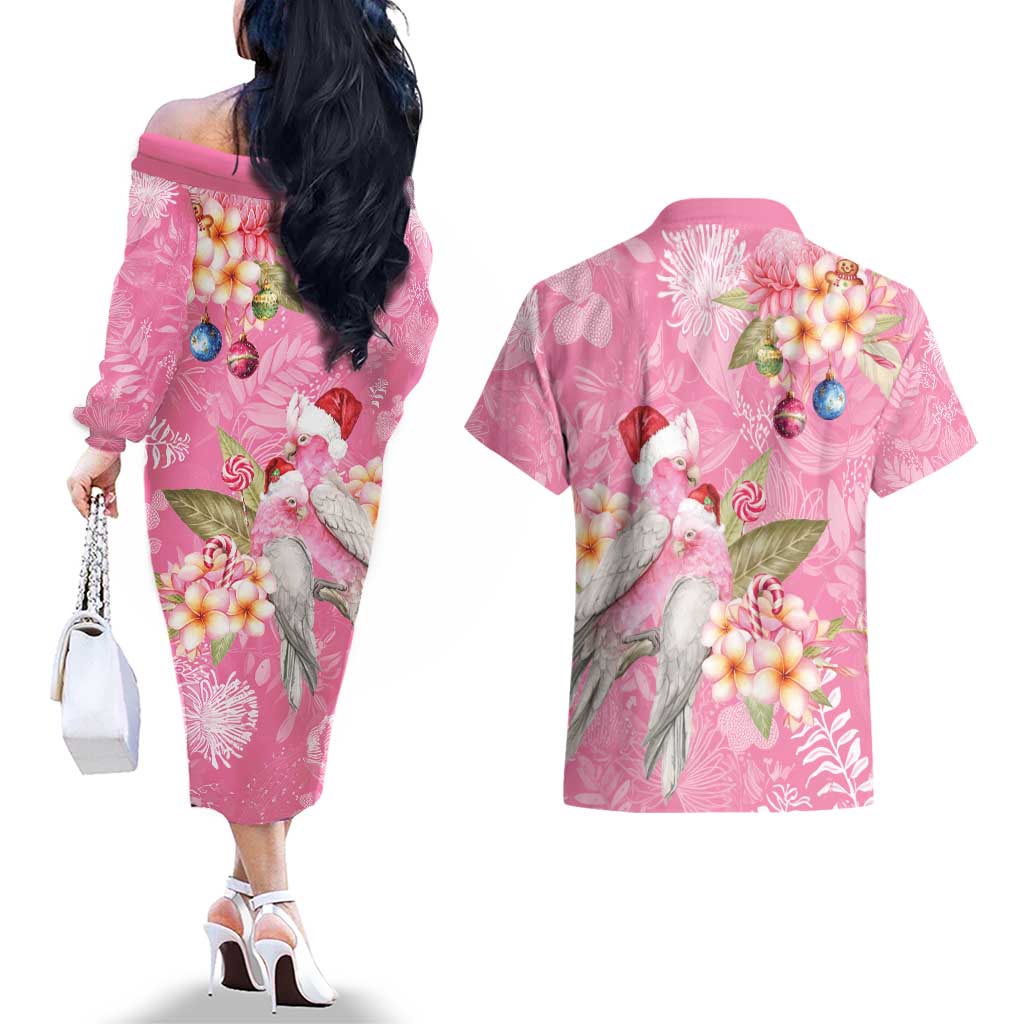 Joyful Pink Cockatoo Couples Matching Off The Shoulder Long Sleeve Dress and Hawaiian Shirt Australia Christmas Vibes - Aussie Hoodie