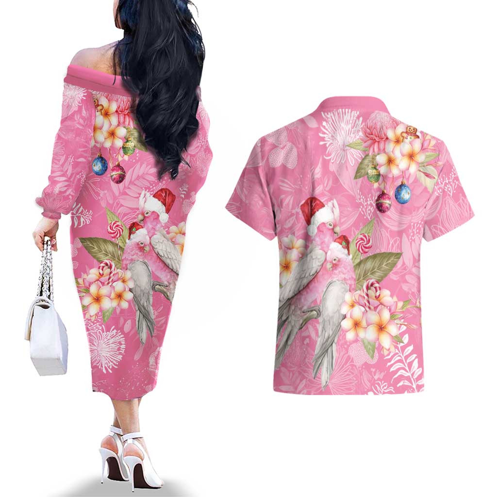 Joyful Pink Cockatoo Couples Matching Off The Shoulder Long Sleeve Dress and Hawaiian Shirt Australia Christmas Vibes - Aussie Hoodie
