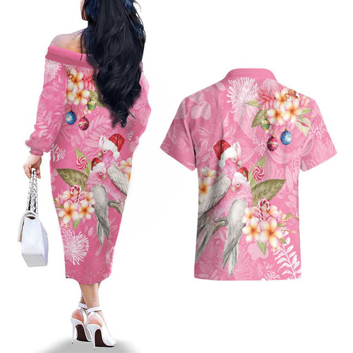 Joyful Pink Cockatoo Couples Matching Off The Shoulder Long Sleeve Dress and Hawaiian Shirt Australia Christmas Vibes - Aussie Hoodie
