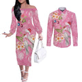 Joyful Pink Cockatoo Couples Matching Off The Shoulder Long Sleeve Dress and Long Sleeve Button Shirt Australia Christmas Vibes - Aussie Hoodie
